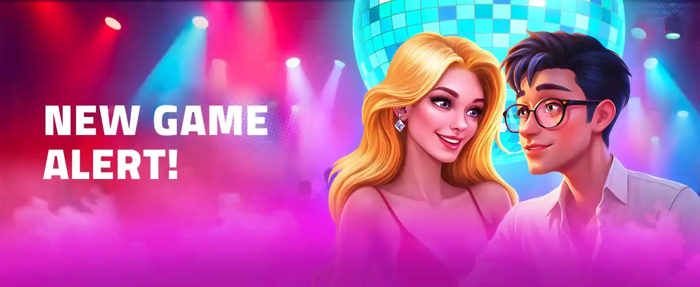 New Game Alert banner featuring a smiling couple with a disco ball