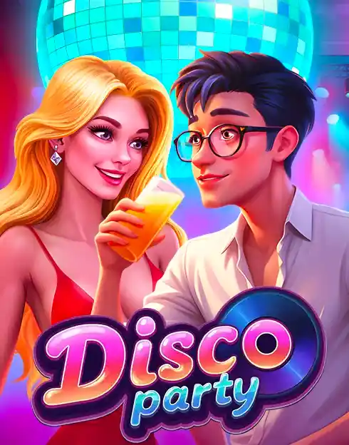 Disco Party slot game logo with a smiling couple and a disco ball in the background