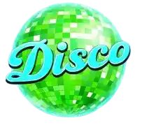 JBright green disco ball with text 'Disco