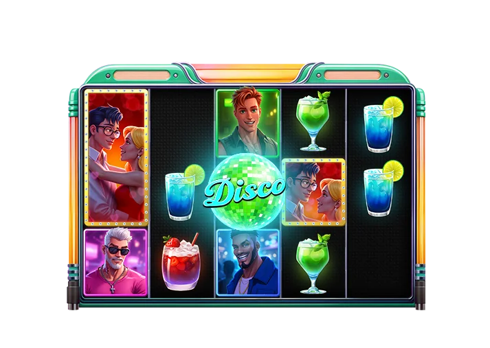 Disco-themed slot reels with vibrant icons