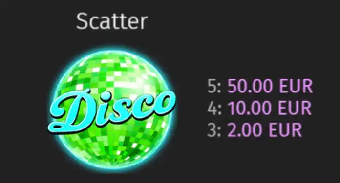 SDisco Party slot feature screen with bonus and multiplier highlights.