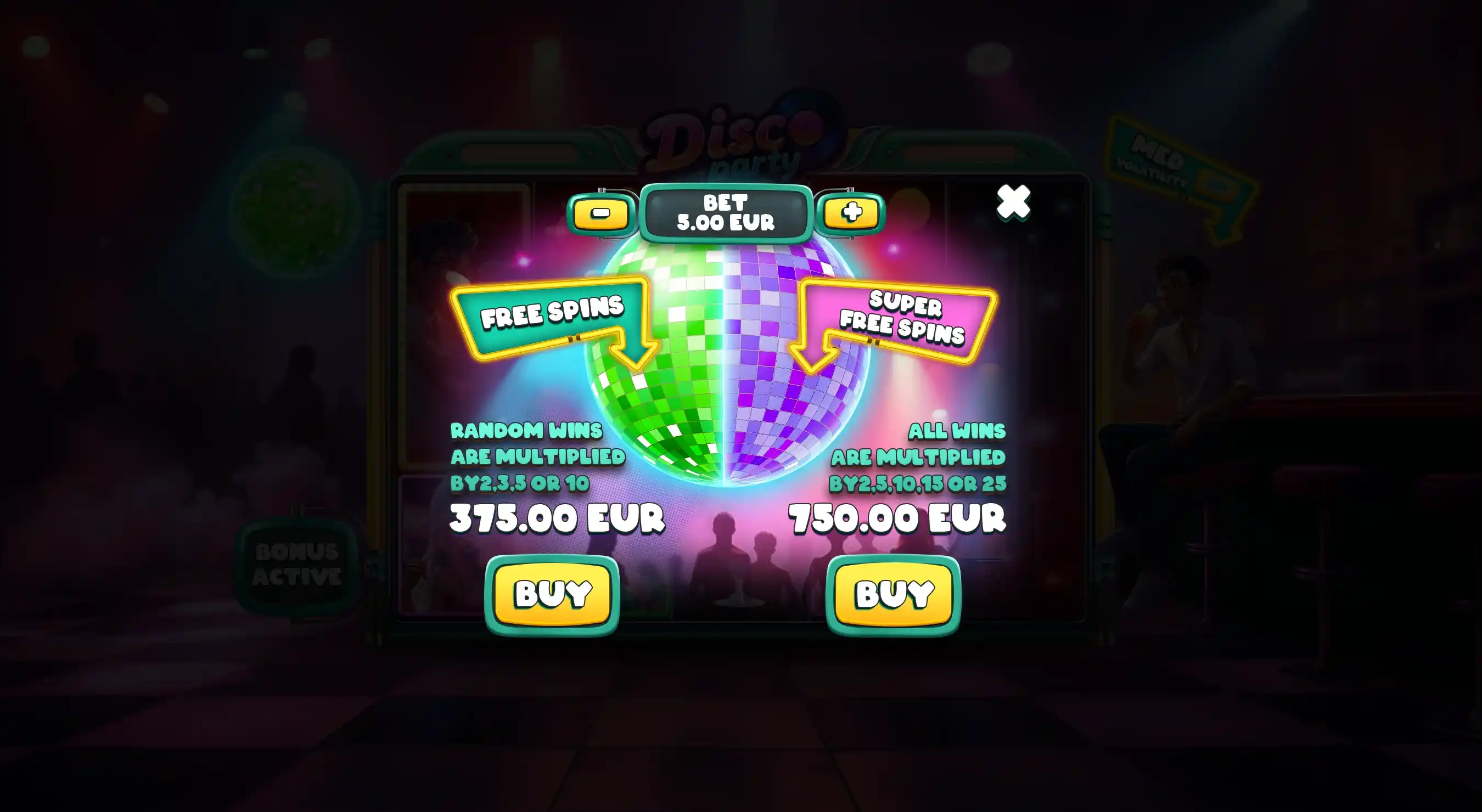 Disco Party Slot Bonus Options Screen