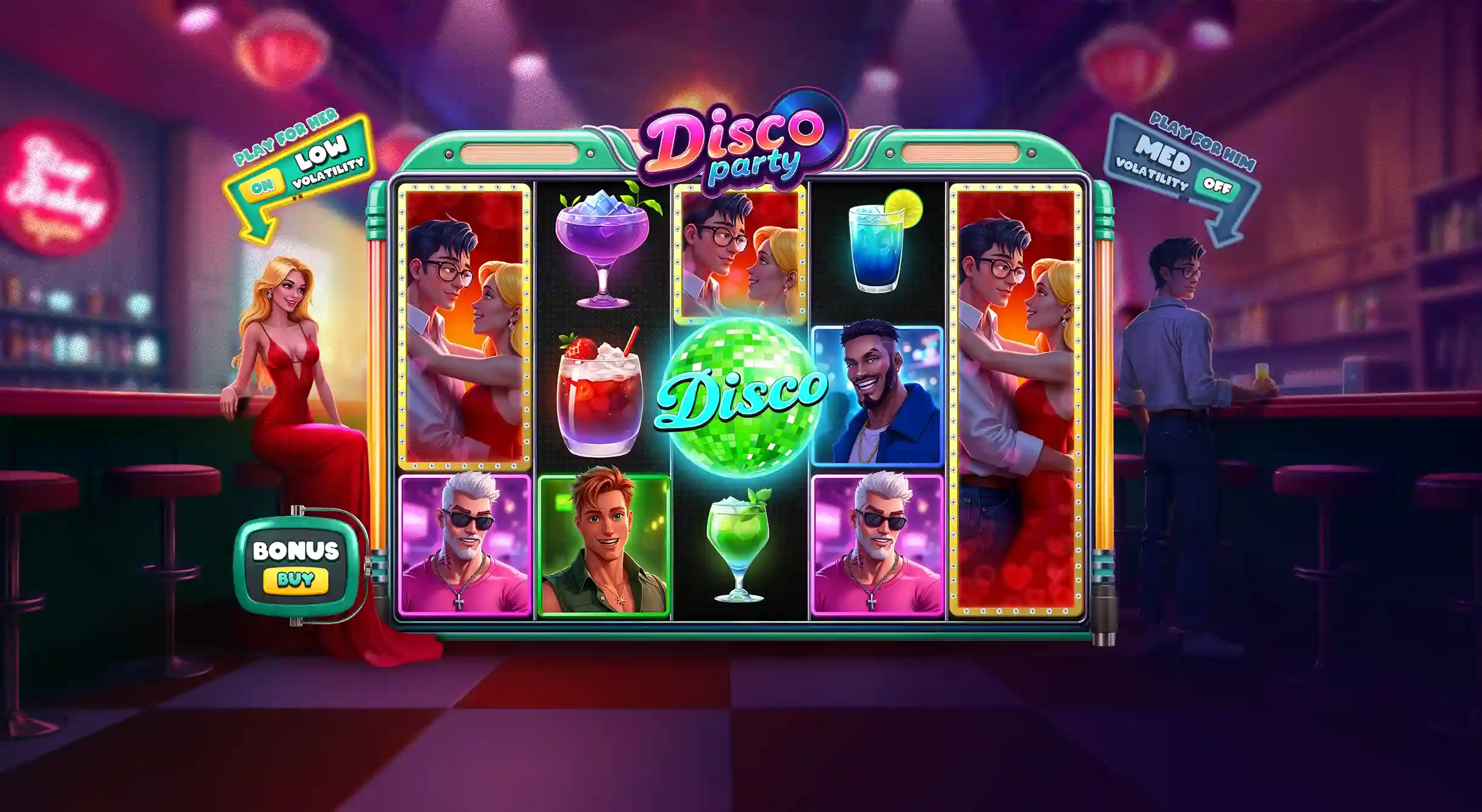 Disco Party Slot Reels with Low and Medium Volatility Options