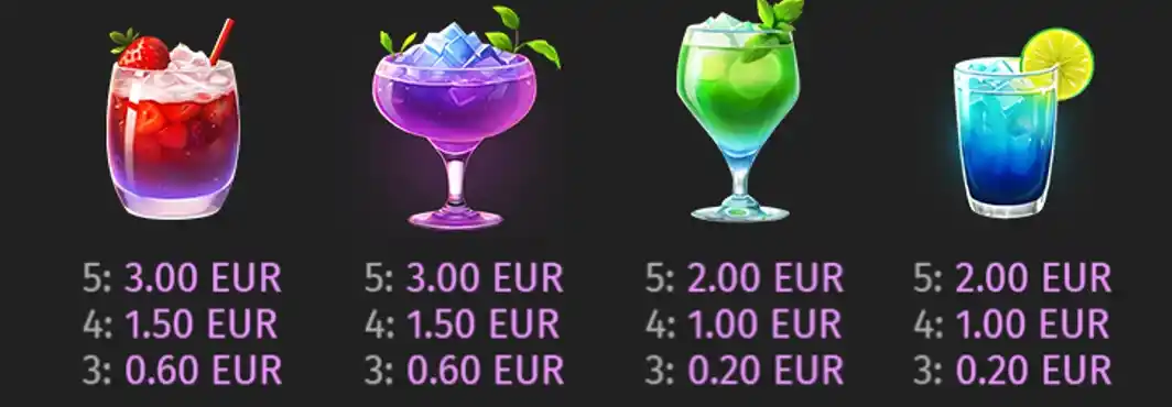 Drinks payout table for Disco Party slot game